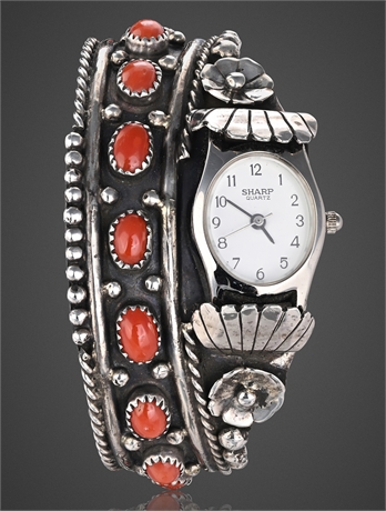 Vintage Navajo Sterling Silver & Coral Cuff Watch