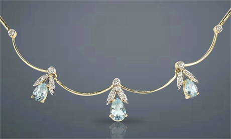 14K Yellow Gold Necklace with Aquamarine and Diamond Accents