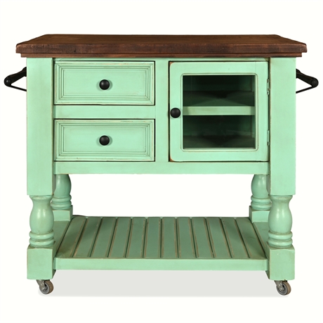 Rustic Solid Wood Kitchen Island on Casters — Made in Mexico, Mint Finish