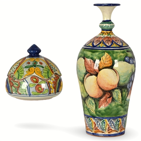 Mexican Mayólica Vase & Lidded Jar - Hand-Painted, Signed