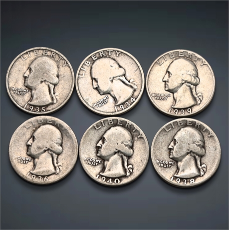 1934 - 1940 (6) Washington Silver Quarters