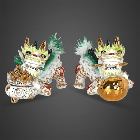 Pair of Chinese Porcelain Guardian Lions (Foo Dogs) — Polychrome & Gilt
