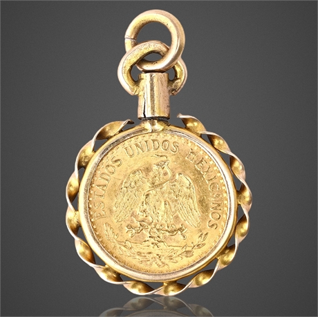 1945 Mexico Dos Pesos Gold Coin Pendant, 14K Bezel