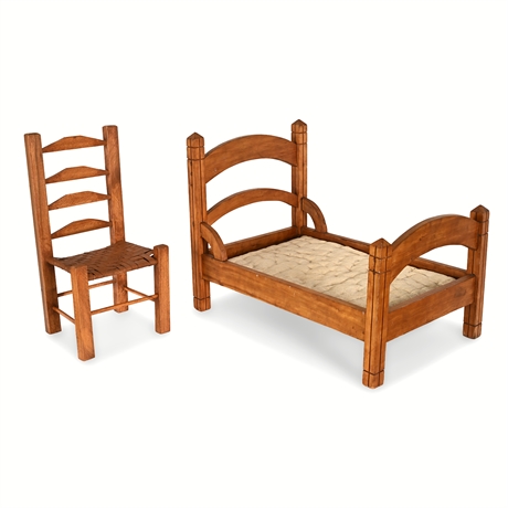 Harry Selzer Doll Bed & Chair Set 1940s Folk Art Iowa