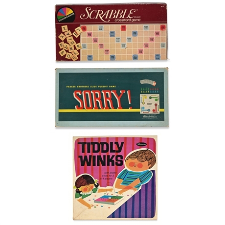 Mid-Century Board Game Trio — Scrabble, Sorry!, & Whitman Tiddly Winks