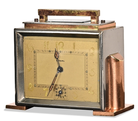 French Art Deco 8-Day Miniature Travel Alarm Clock in Fitted Burl Case