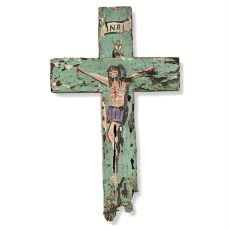 Antique Folk Art Crucifix w/ Milagros INRI Painted Cross