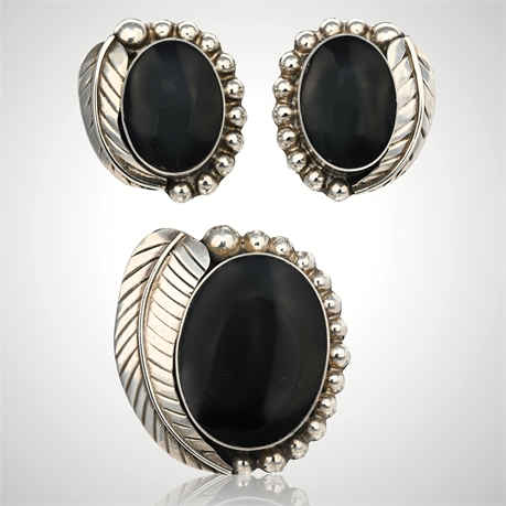 Taxco Sterling Silver & Onyx Brooch + Clip-On Earrings, TC-25