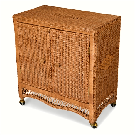 Wicker Rattan Media Cabinet on Brass Casters, Double Doors