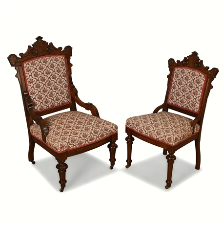 Victorian Eastlake Mahogany & Walnut Burl Parlor Chair Set — c.1880s