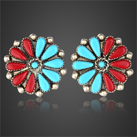 Navajo Sterling Silver Turquoise & Coral Cluster Earrings – 1.19"