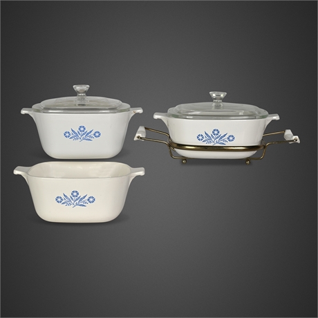 Corning Ware Cornflower Blue Casserole Set with Brass Cradle, 5 Pieces