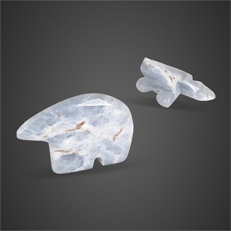 Zuni Blue Calcite Bear & Frog Fetish Carvings, Pair