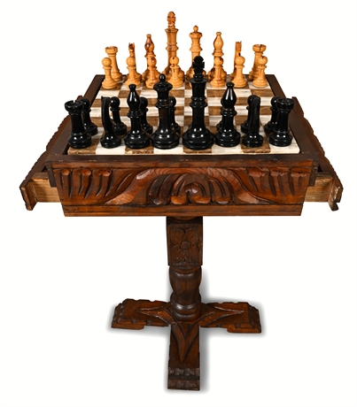 Mexican Hand-Carved Pine Chess Table w/ Onyx Board, Acacia & Onyx Pieces