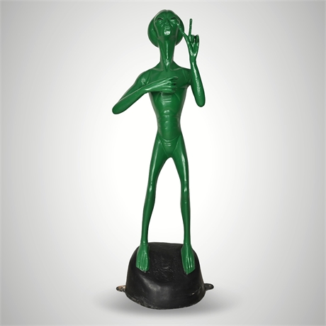 Life-Size Cast Aluminum Green Alien Greeter Statue — 62", Holds a Beverage