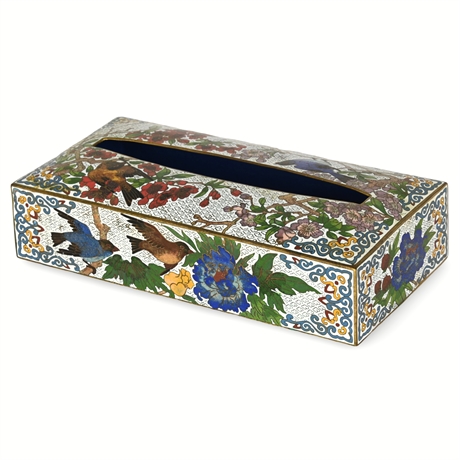 Mid-Century Chinese Cloisonné Enamel Tissue Box Cover with Birds & Floral Motifs