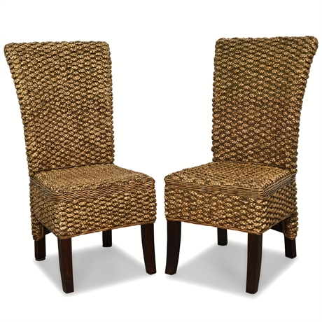 Pair of Woven Seagrass Dining Chairs with Dark Wood Legs