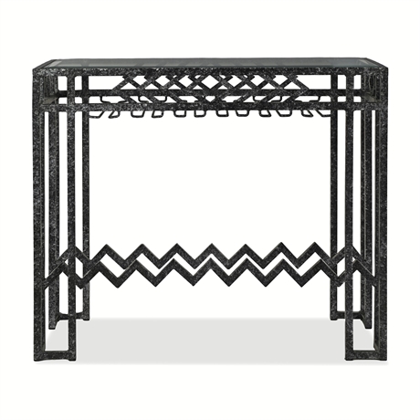Postmodern Art Deco Revival Iron Bar Console — Chevron Bottle Cradle & Stemware