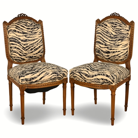 Pair of Hand-Carved Louis XVI Style Side Chairs – Solid Walnut, Zebra Upholstery