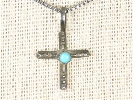 Vintage Zuni Turquoise & Sterling Silver Cross Pendant & Chain