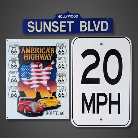 Route 66, Sunset Blvd & 20 MPH Sign Lot – Classic Americana Road Signs
