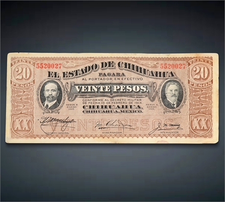 1915 Chihuahua 20 Peso Revolutionary Banknote