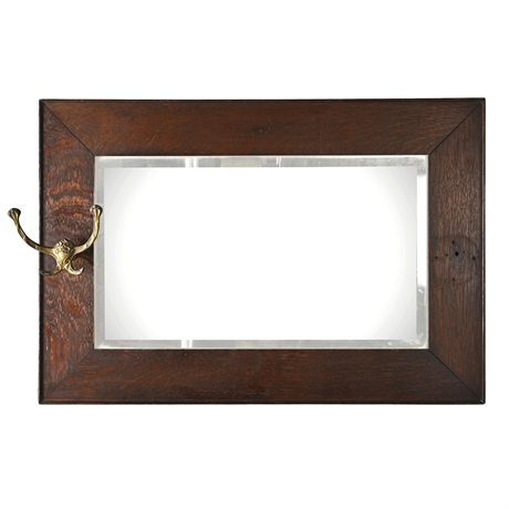 Arts & Crafts Tiger Oak Mirror with Cast Iron Hook — c.1900