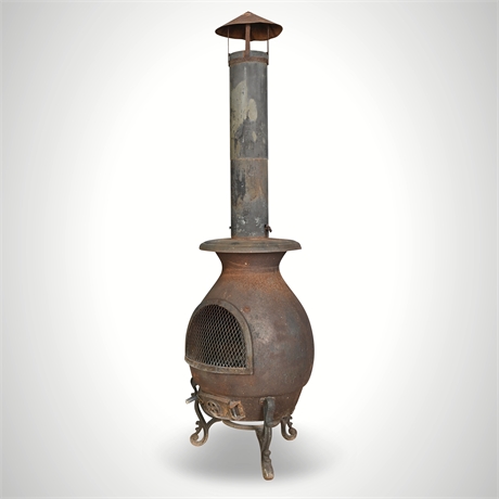Vintage Cast Iron Chiminea Outdoor Fireplace on Ornate Base