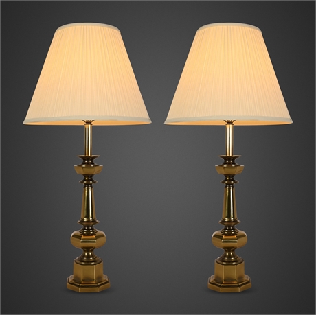 Pair of Brass Candlestick-Form Table Lamps with Pleated Shades, 1960s–70s