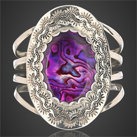 Navajo Sterling Silver Paua Shell Cuff — Quad-Shank, Stamped
