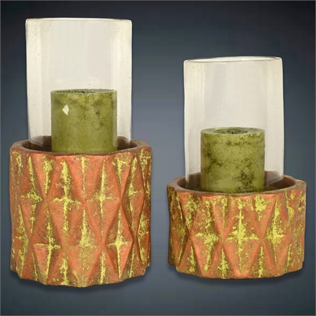 Geometric Ceramic Candle Holders with Cylindrical Glass Globes & Honeydew Pillar