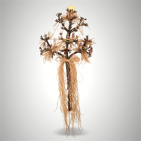 Tonalá Pottery Nativity Tree — 14 Figures, Wall-Mount Branch Display, 50”