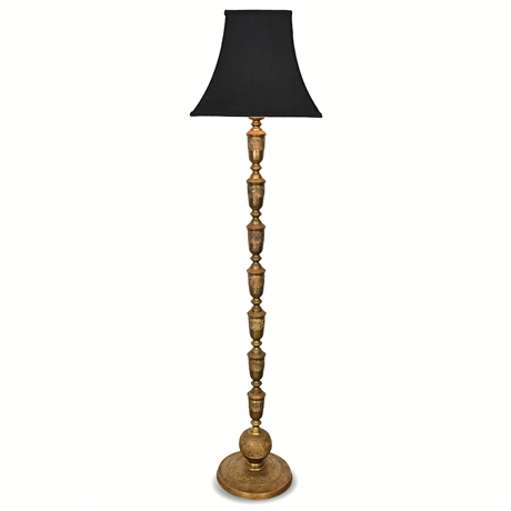 Vintage Brass Baluster Etched Floor Lamp with Black Shade – 3-Way Switch