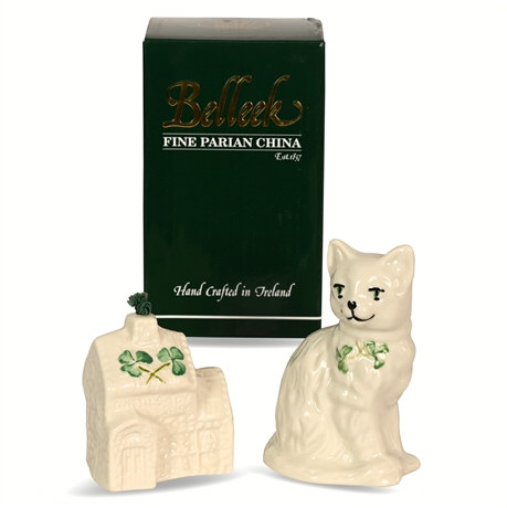 Belleek 'Quizzical Cat' and 'Oneills Toy Store' Bell