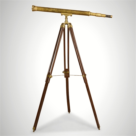 Large Brass Nautical Telescope on Wood Tripod — Floor Standing Decor​​​​​​​