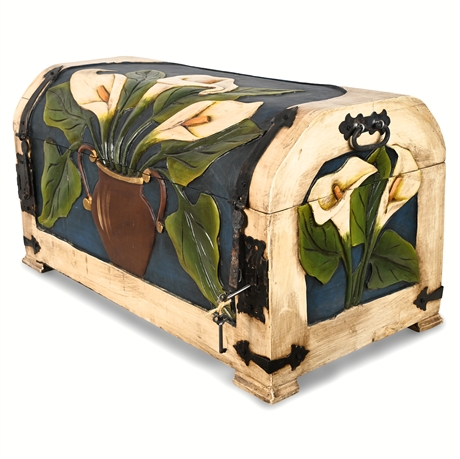 Hand-Carved Calla Lily Chest — Large Mexican Folk Art Trunk