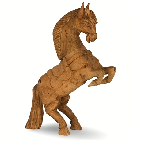 Hand-Carved Rearing Wooden Horse Sculpture