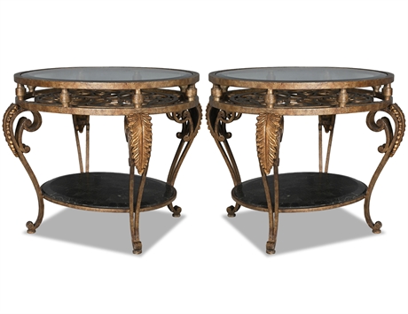 Maitland-Smith Florentine Iron Tables – Glass & Stone, Pair