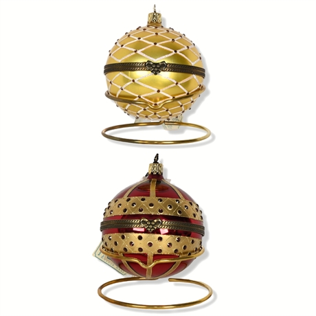 Pair Mostowski Glass Blown Jeweled Ornaments With Original Boxes