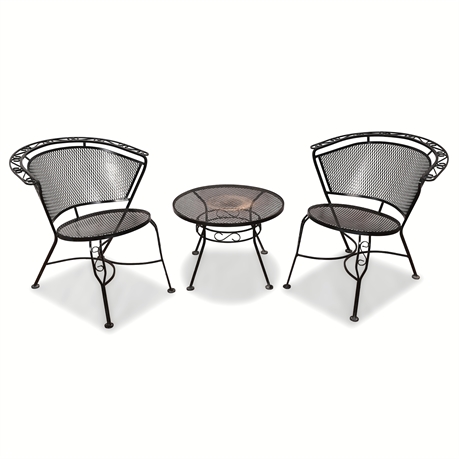 Mid-Century Wrought Iron Patio Set — Two Barrel Chairs & Round Table