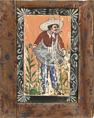 Mexican Folk Corn Harvest Scene on Reclaimed Door Panel