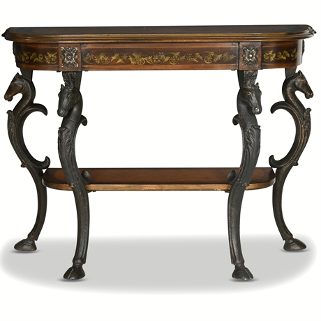 Floral Demilune Console Table With Horse Head, Hoofed-foot Cast Legs