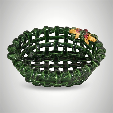 Hand-Sculpted Woven Ceramic Basket, Green Glaze, Strawberry Appliqué