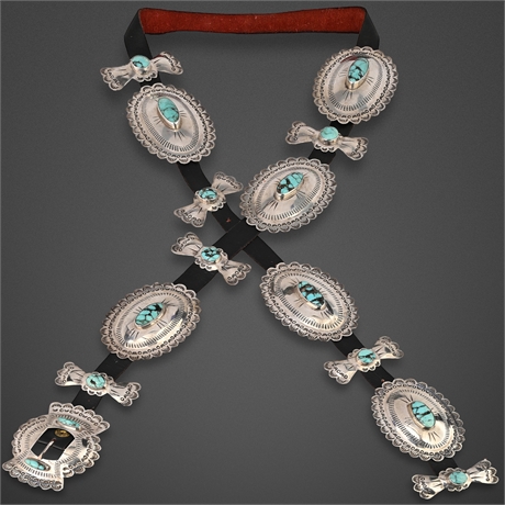 Navajo Sterling Silver Turquoise Concho Belt — Spider Web, DUE Hallmark