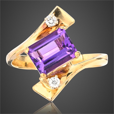 14KT Amethyst & Diamond Retro Modernist Ring, Size 6.5