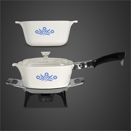 (2) Corning Ware Blue Cornflower Hostess Set with Warming Stand & Handle