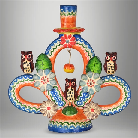 Mexican Árbol de la Vida Owl Candelabrum — Hand-Painted Clay