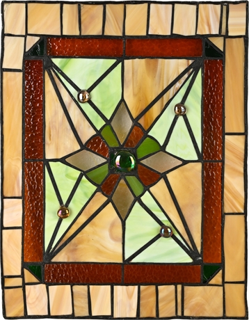 Arts & Crafts Style Stained Glass Panel – Amber, Green & Red, 19.5"