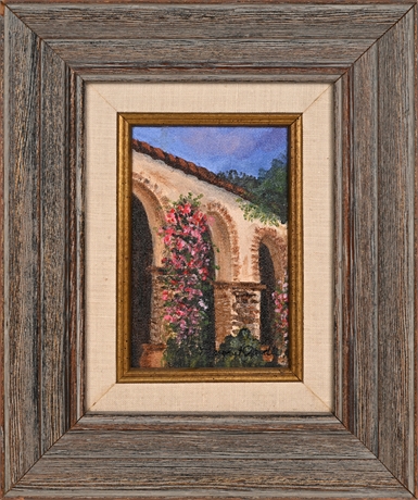 Margaret Randle Original Oil on Canvas Panel – Mission Arches Scene, Framed
