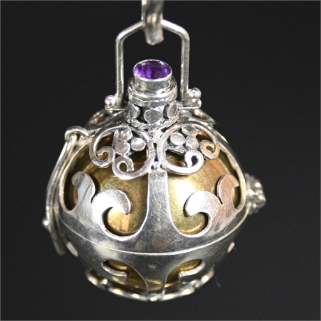 Sterling Silver Cage Pendant with Brass Bell Ball